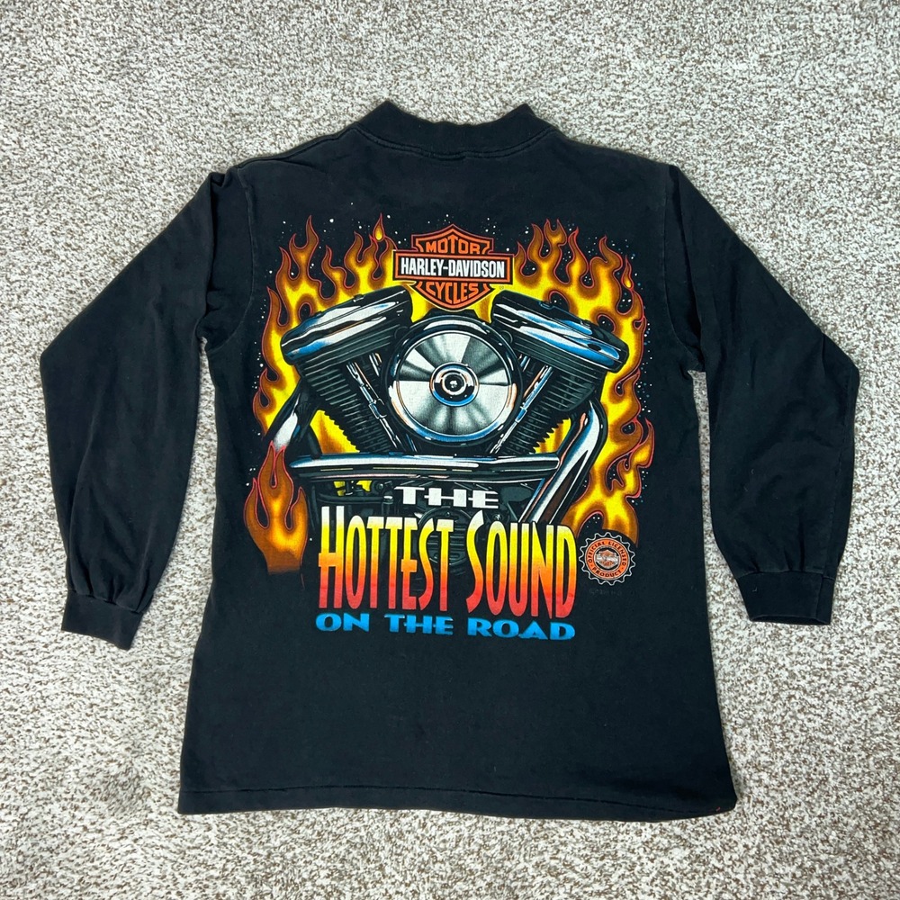 Vintage Harley Davidson Shirt Mens Medium Black Biker Engine Flames Tee USA 90s